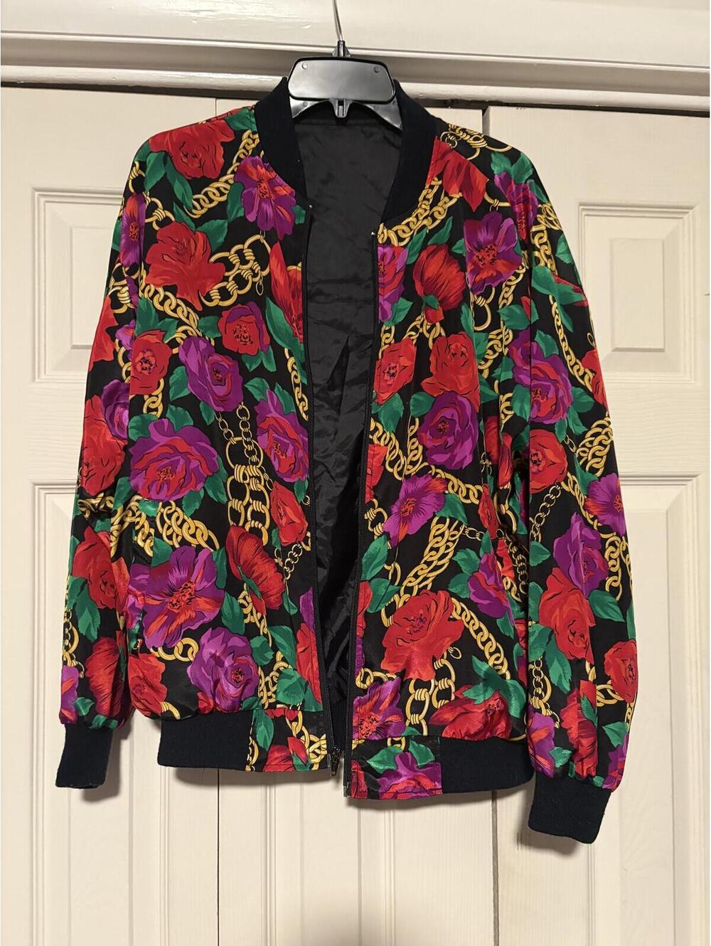 Unbranded Vintage Women’s Bomber Jacket One Size Black Floral Chain Baroque Y2K